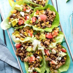 taco lettuce wraps on a blue platter