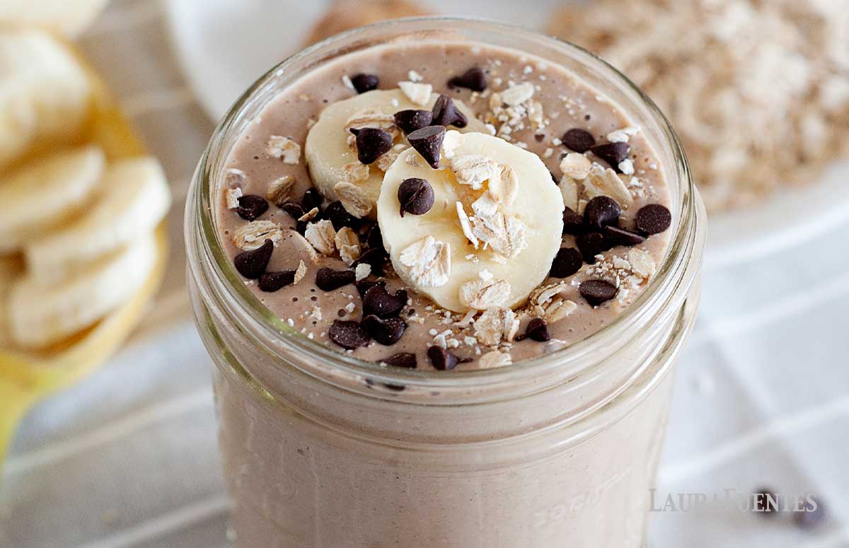 chocolate smoothie in a small glass