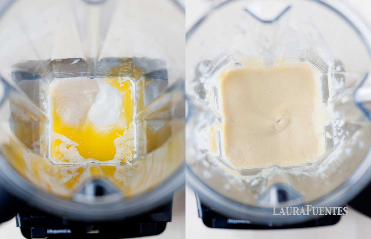 on the left, muffin ingredients in a blender. On the right, muffin batter in the blender