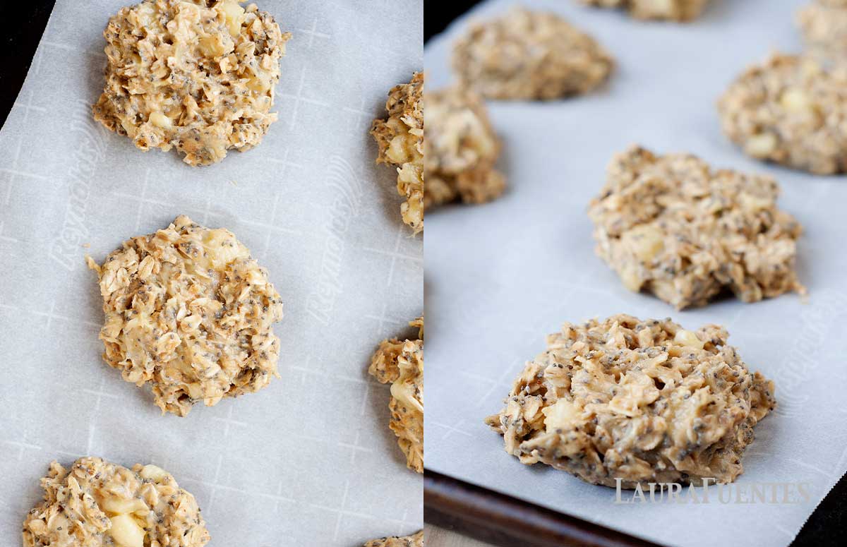 step by step images of the making of oatmeal protein cookie, on the left: overhead look at two oatmeal protein cookies, on the right: oatmeal protein cookies on a baking sheet
