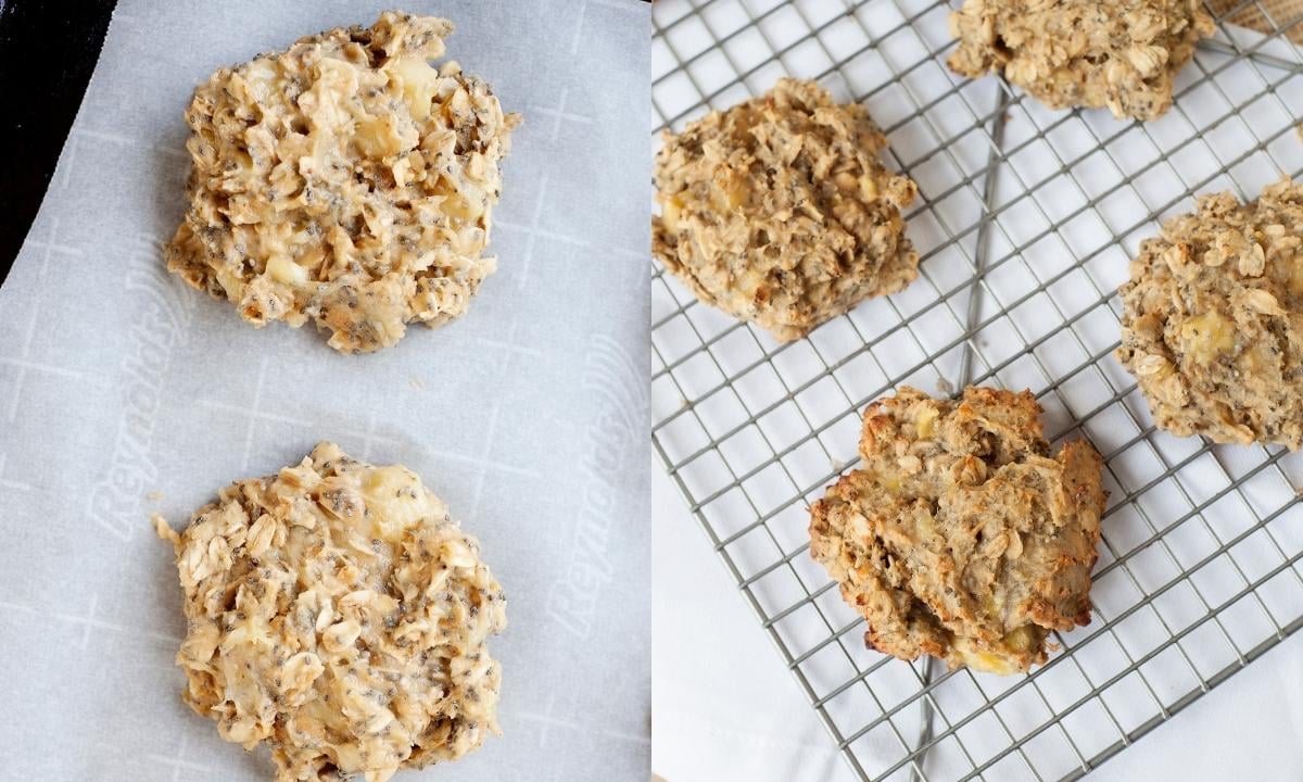 side by side image of making protein oatmeal cookies. On left, unbaked cookies, on right, after baking cooling on a cooling rack