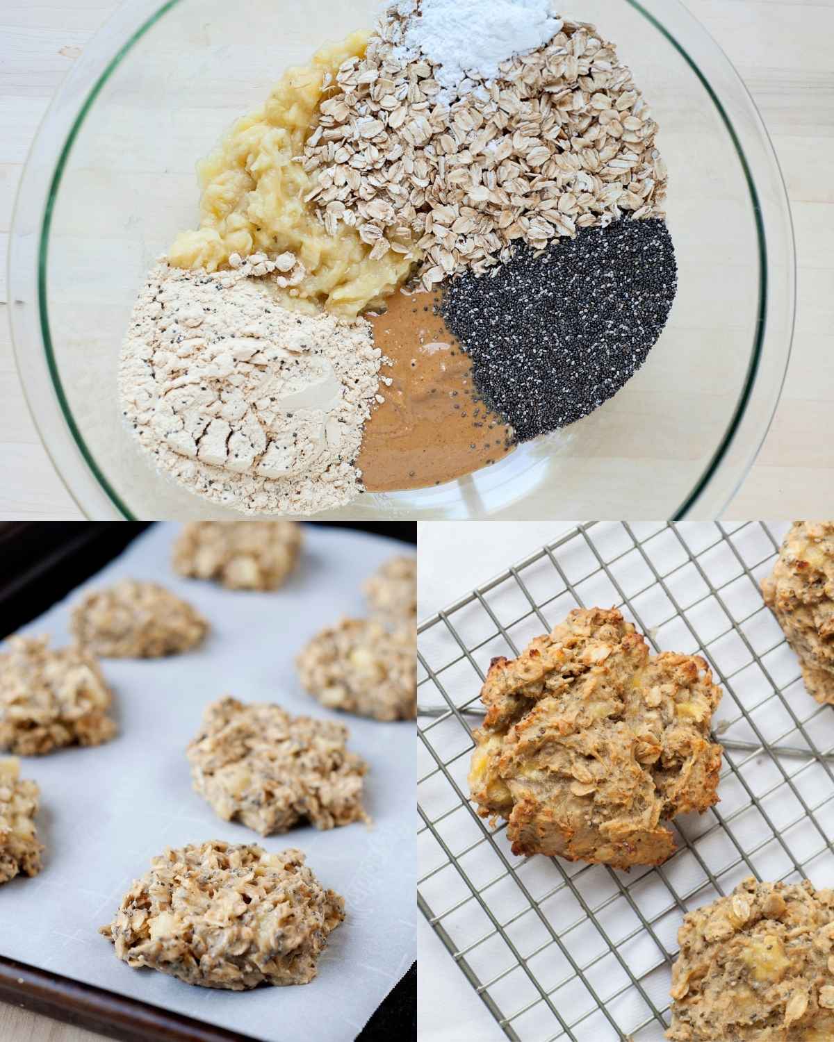 Step-by-step photos showing protein oatmeal cookies being made: dry and wet ingredients including mashed banana, oats, protein powder, chia seeds, cinnamon, and baking powder added to a mixing bowl; scoops of cookie dough placed onto a parchment-lined baking sheet; baked oatmeal cookies cooling on a wire rack.