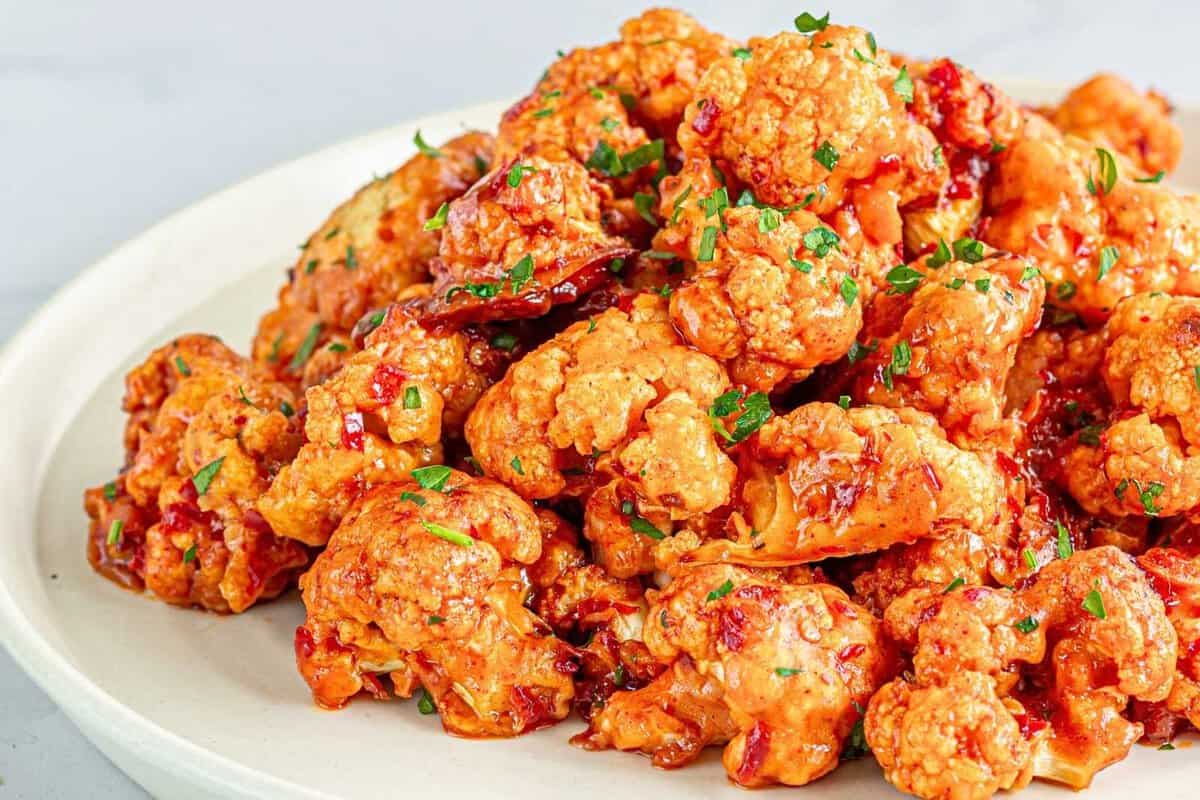 a dish with buffalo cauliflower bites