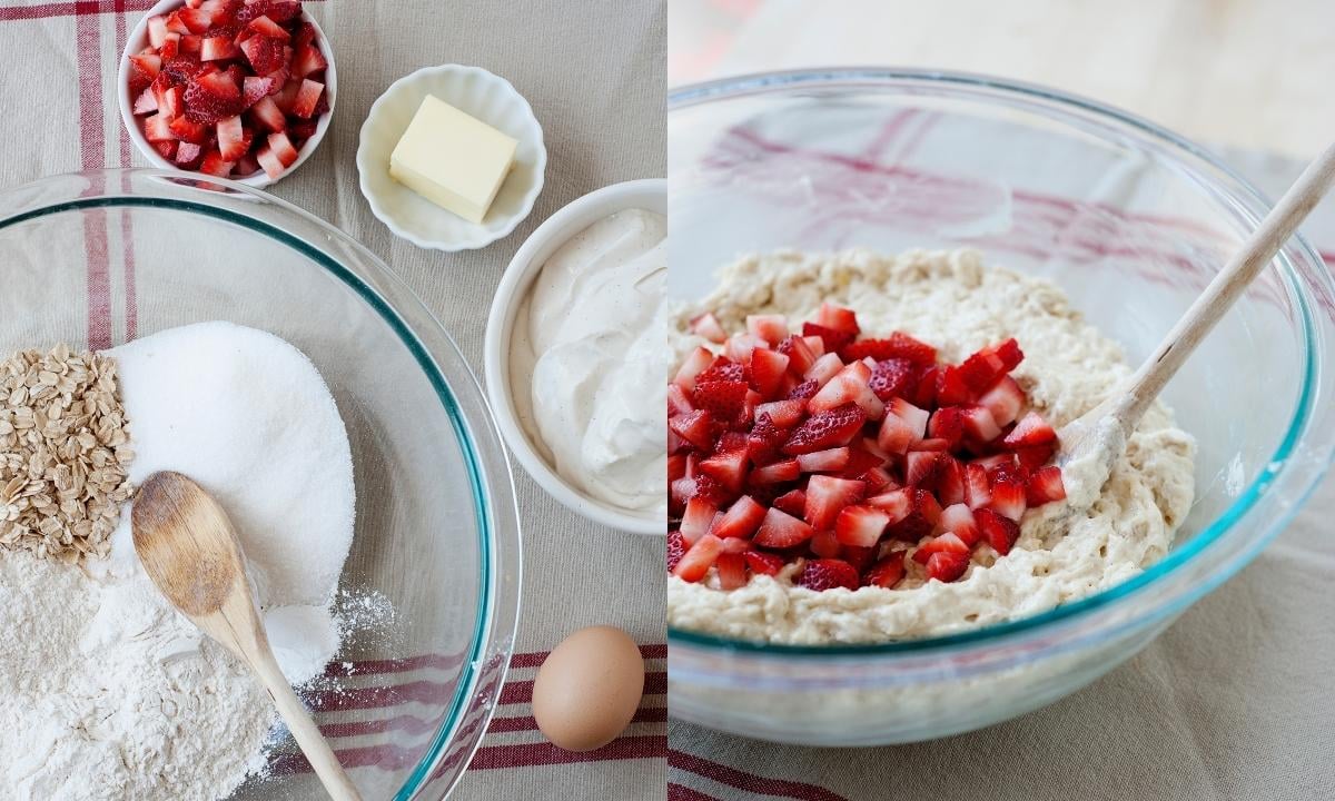 Left: bowl with chopped strawberries, a small dish with butter and a mixing bowl with flour, oats, sugar, and a wooden spoon, with yogurt and an egg nearby.
Right: muffin batter in a bowl with chopped strawberries.