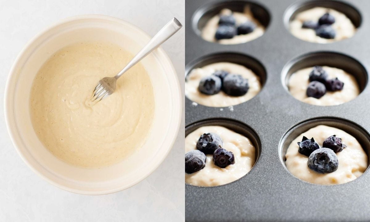 two image collage for pancake bites recipe. on left is the pancake batter bowl and on the right, the mini muffin tray has been filled with batter and topped with blueberries since they are added in this step not in the batter.