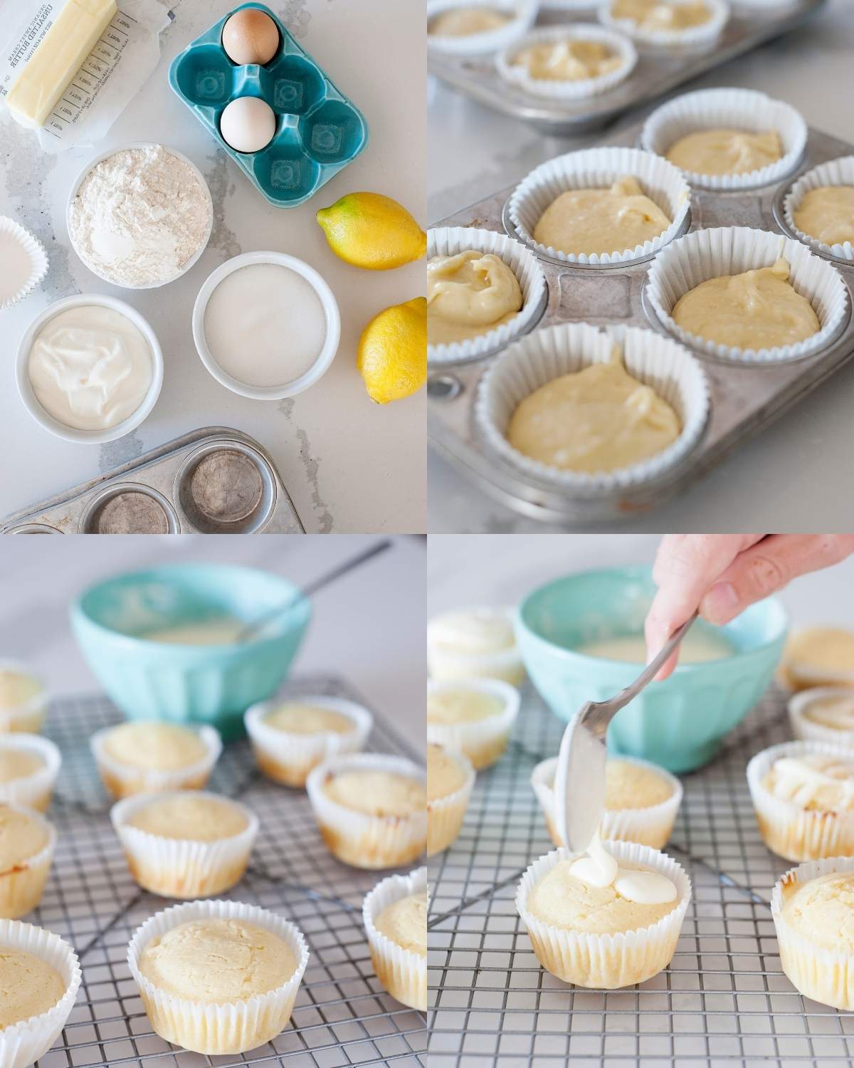 Top left: ingredients for lemon yogurt muffins including flour, sugar, yogurt, eggs, butter, and lemons on a countertop. Top right: muffin batter scooped into paper liners in a muffin tin. Bottom left: baked muffins cooling on a wire rack. Bottom right: hand spreading glaze over cooled lemon muffins on a rack.