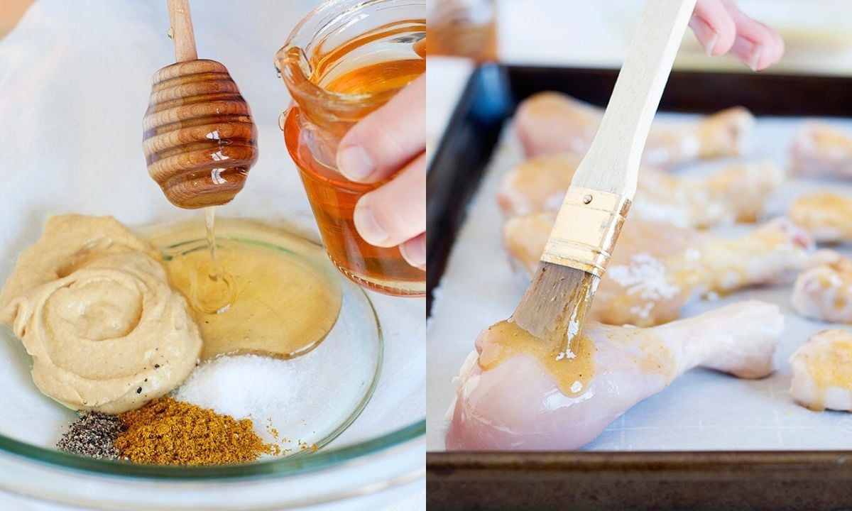 Step-by-step images showing honey mustard sauce being mixed in a bowl, then brushed over raw chicken drumsticks on a parchment-lined sheet pan.