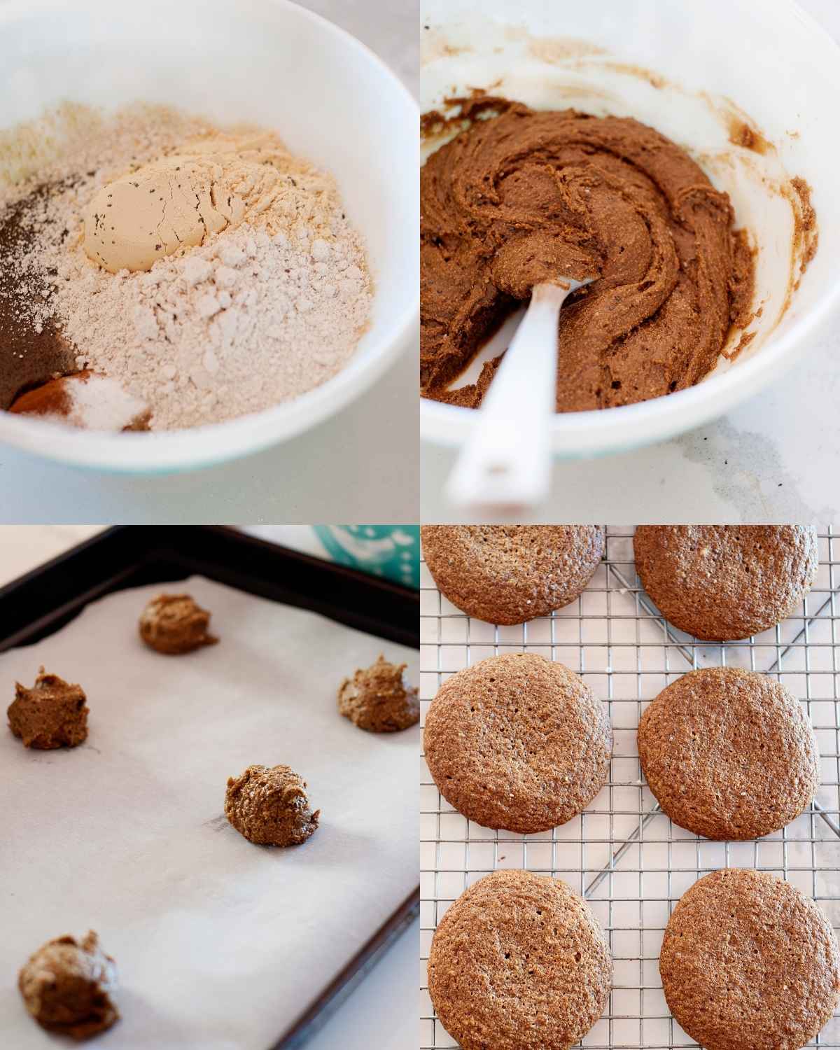A four-image collage showing steps for making gingerbread cookies. Top left: Dry and wet ingredients combined in a mixing bowl. Top right: The gingerbread dough mixed into a thick, brown batter. Bottom left: Scoops of dough placed on a parchment-lined baking sheet. Bottom right: Baked gingerbread cookies cooling on a wire rack.