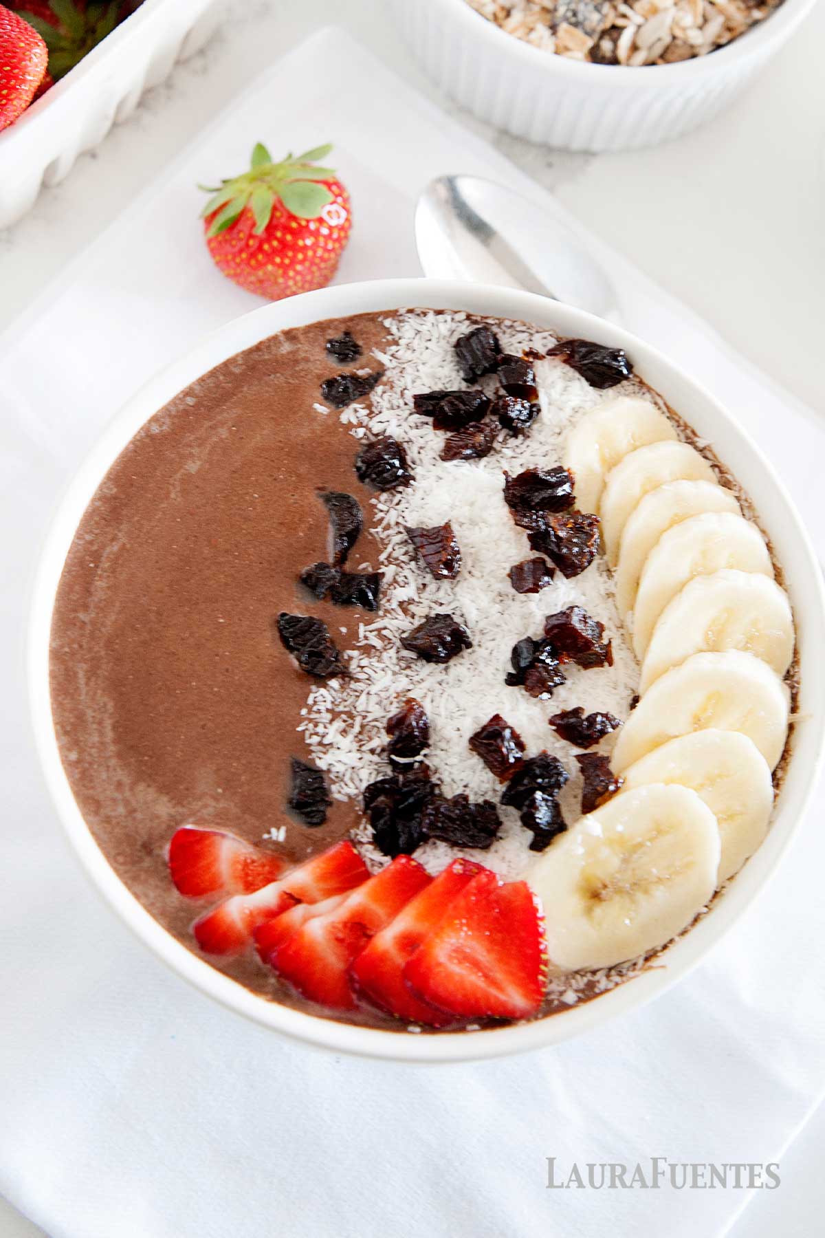 overhead view of High Fiber and Protein Chocolate Smoothie Bowl in a bowl