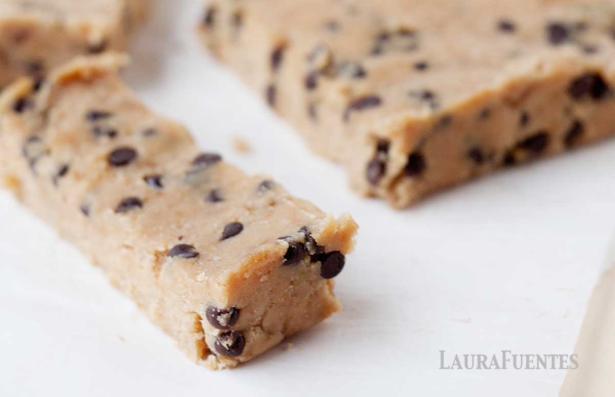 closeup view of freshly made no-bake blondies in slices