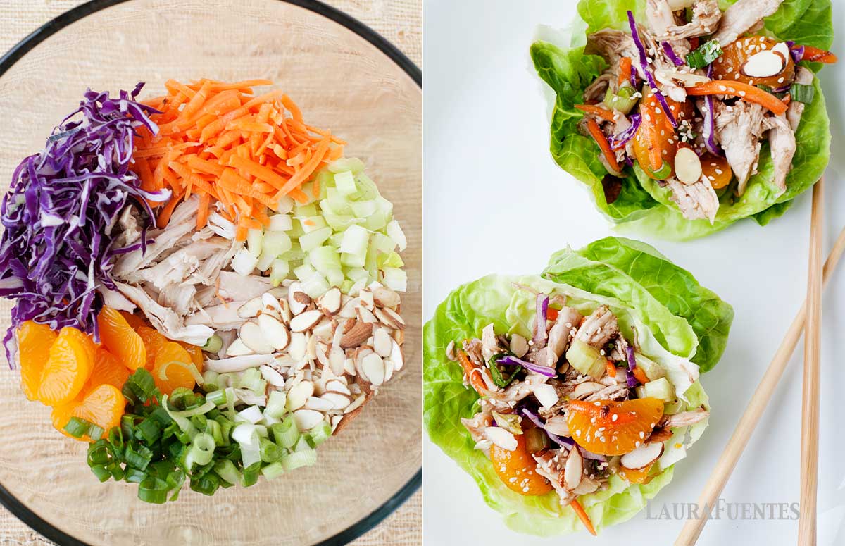 Image: Two images side by side: on the right: a clear bowl with chicken salad ingredients inside. On the left: two lettuce cups filled with chicken salad and chopsticks.