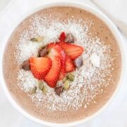 overhead view of healthy coffee smoothie bowl