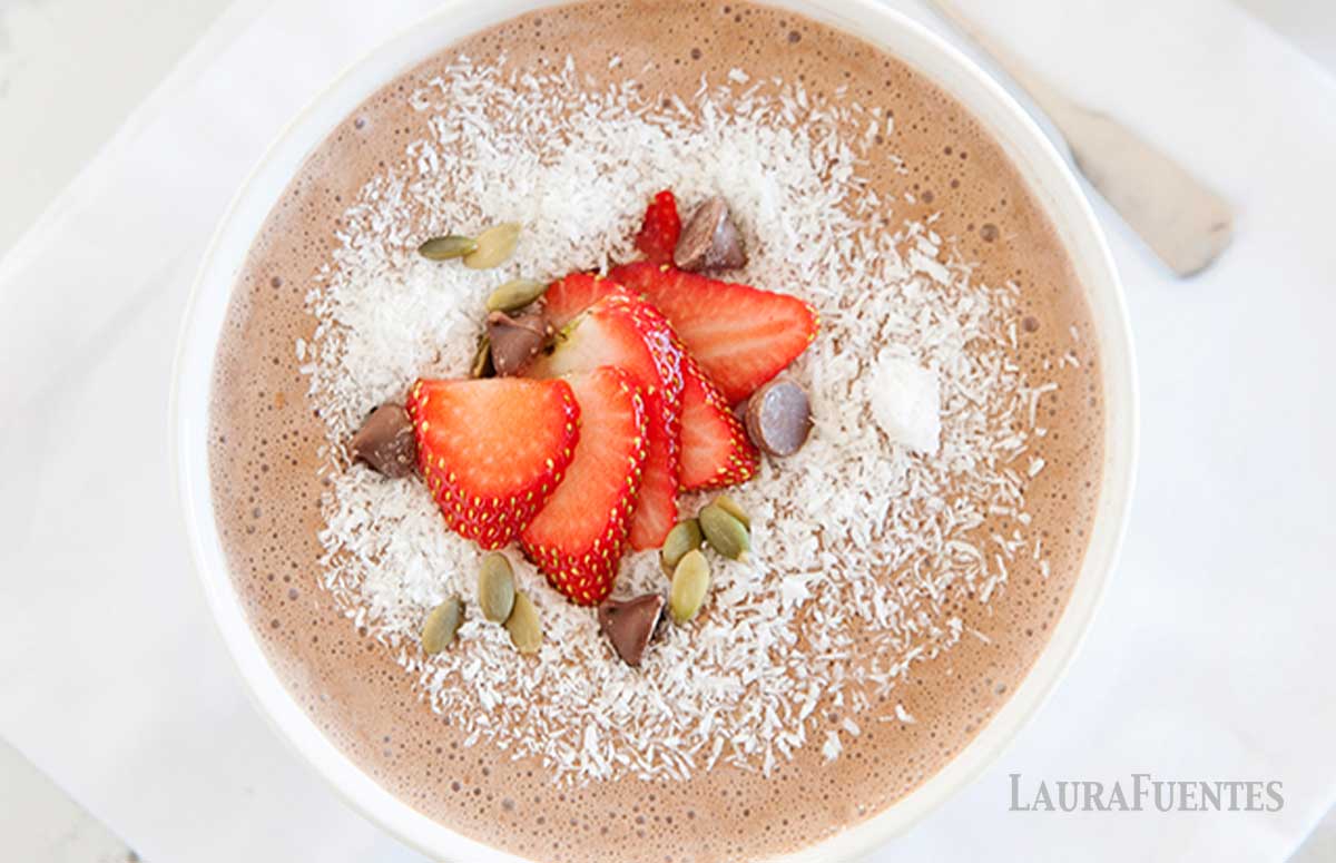 overhead view of healthy coffee smoothie bowl