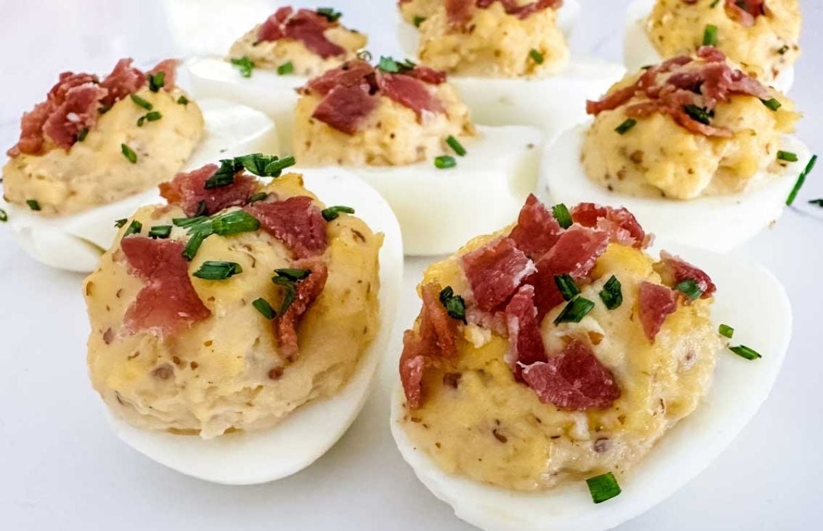top view of bacon deviled eggs