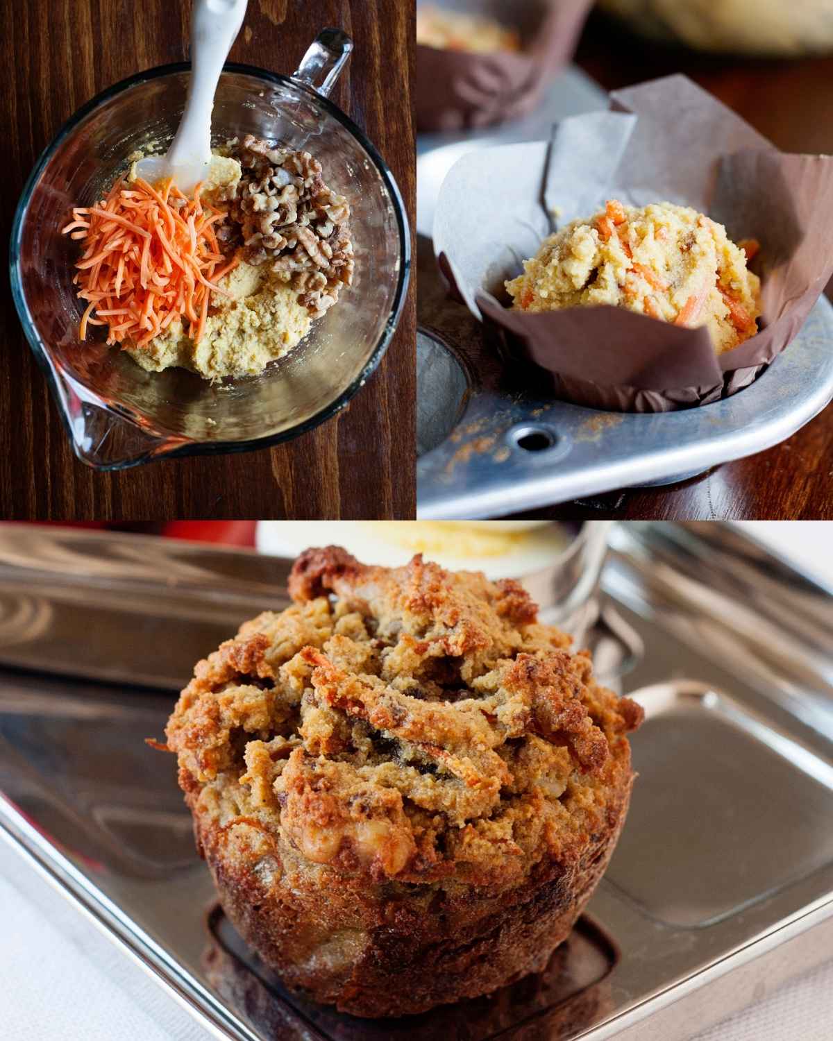 Top left: mixing bowl with muffin batter, shredded carrots, and chopped nuts being combined. Top right: batter scooped into a parchment-lined muffin tin. Bottom: baked morning glory muffin with a crumbly top.