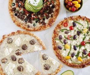 What’s your favorite way to jazz up a plain cheese pizza? It’s all about the toppings!! Here are 3 of my favorite combinations over my favorite cheesy, thin-crust pizza.