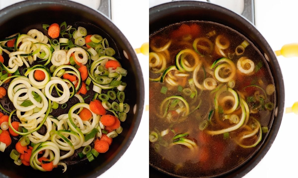Side-by-side view of zucchini ramen soup before and after cooking, showing spiralized zucchini, sliced carrots, green onions, and broth in a pot.