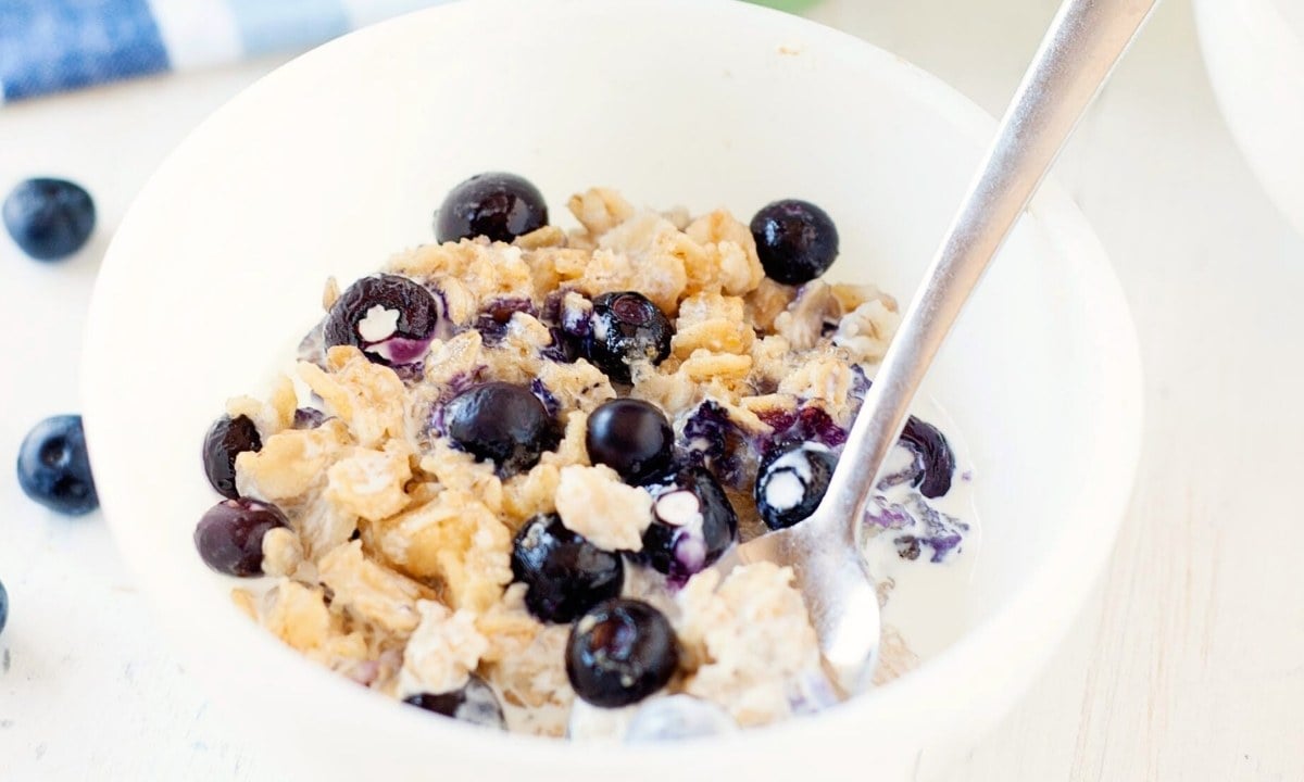 overhead view of baked blueberry oatmeal in a bowl