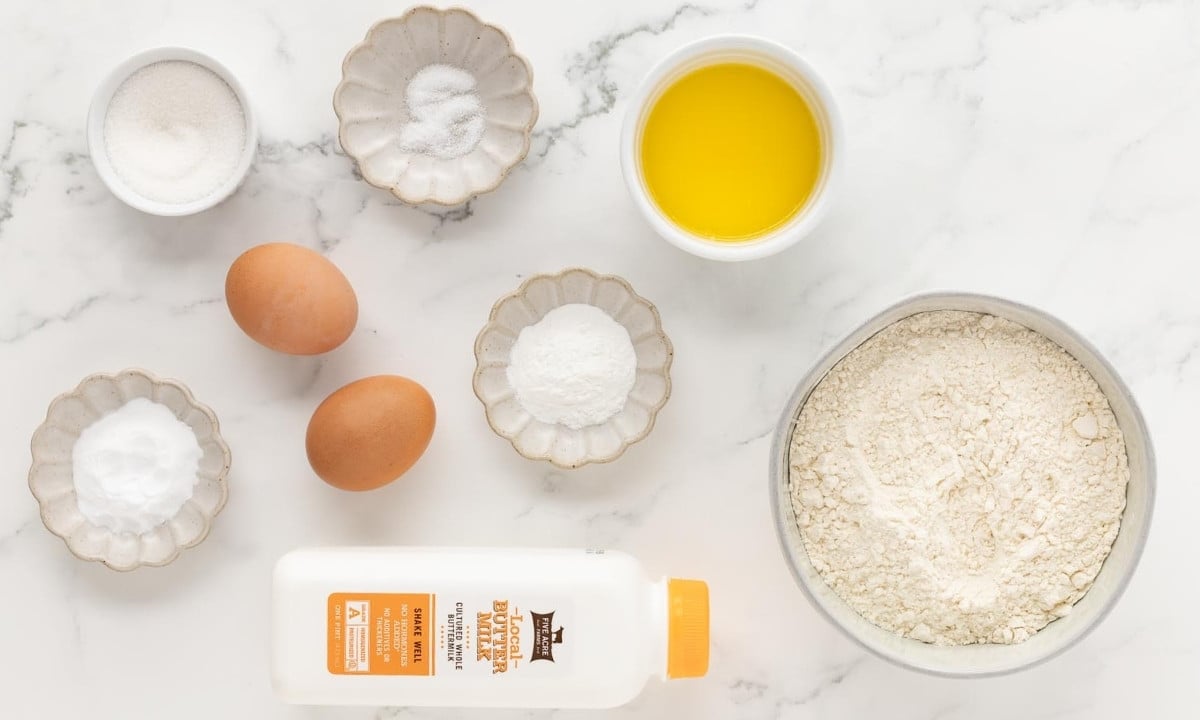 overhead view of ingredients needed to make buttermilk waffles