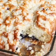 Blueberry Coffee Cake in a glass dish