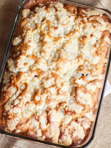 Blueberry Coffee Cake in a glass dish