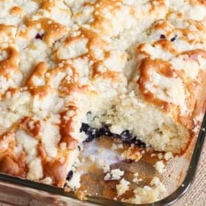 close up of blueberry coffee cake in a baking dish