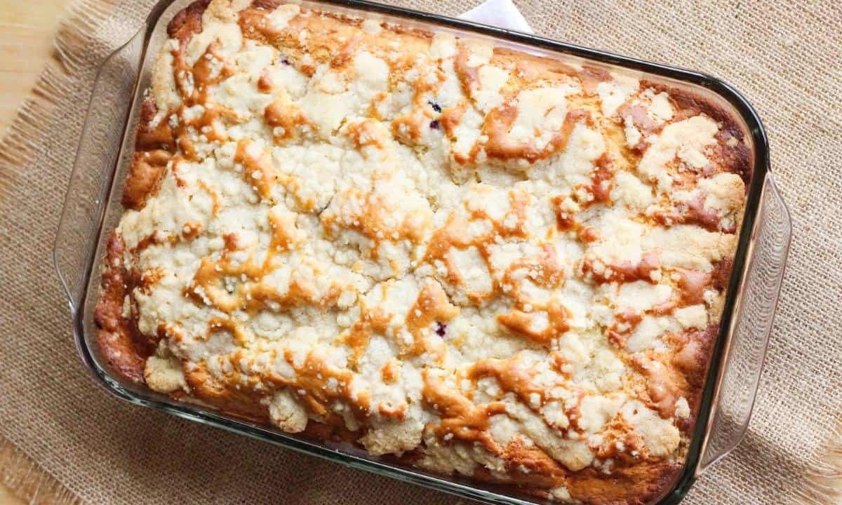 blueberry coffee cake in a baking dish