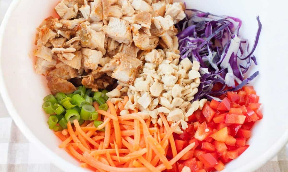 a bowl with cubed chicken, shredded carrot, green onions, red bell pepper, cabbage, and peanuts