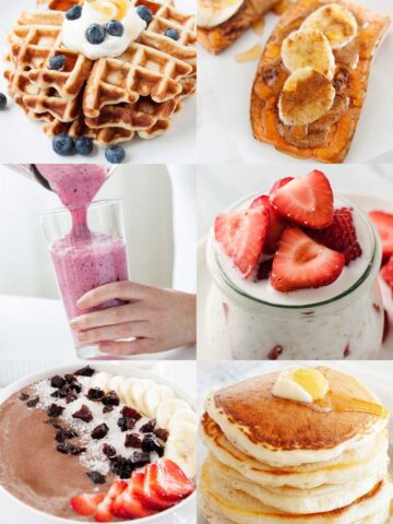 an image collage of breakfast ideas without eggs