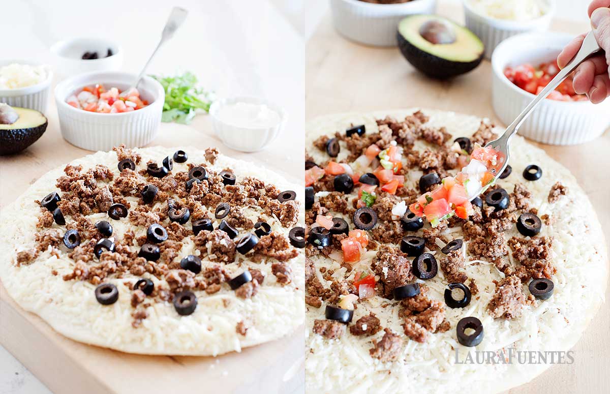 steps of building a taco pizza