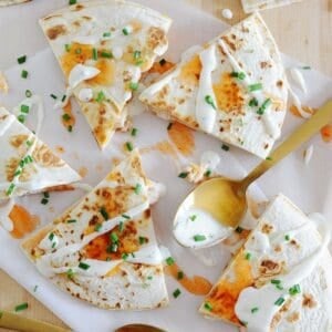 overhead view of sliced quesadillas with Ranch