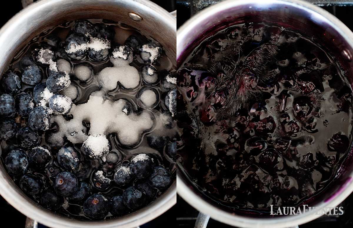 a side by side image of the homemade blueberry syrup cooking process
