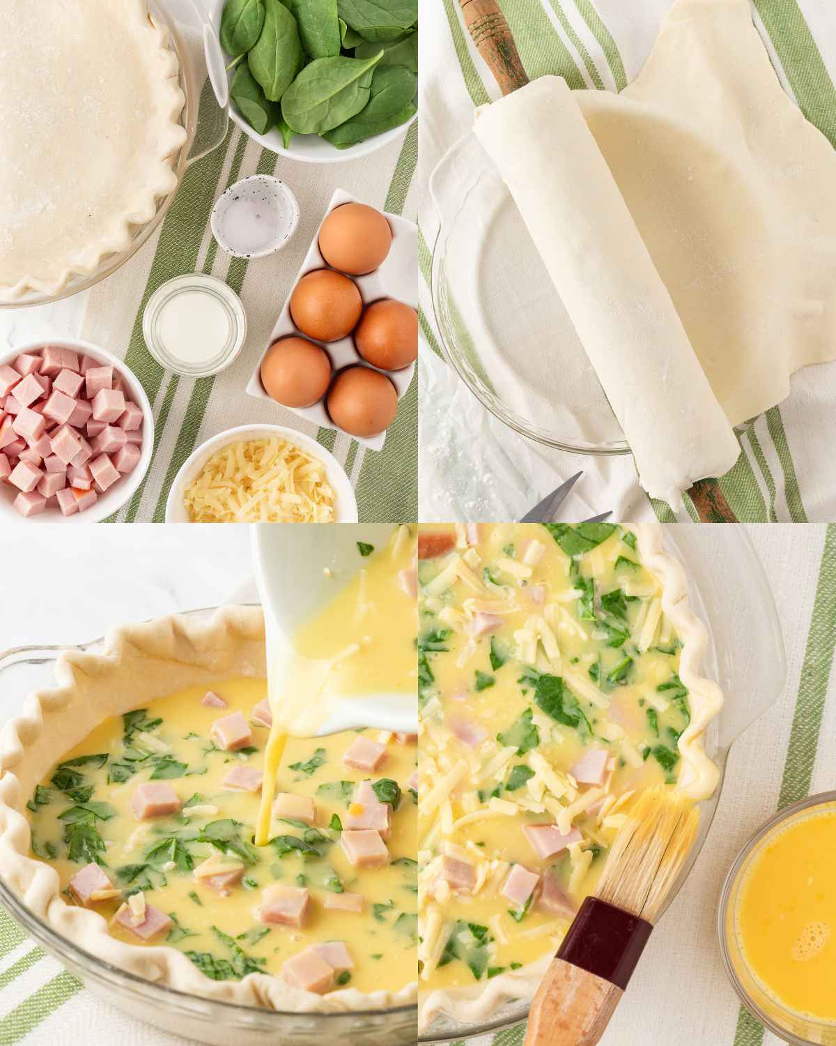 4 image collage for making puff pastry quiche. Top left: ingredients used (puff pastry, eggs, milk, spinach, ham, cheese), Top right, the puff pastry being rolled directly onto a round baking dish. Bottom left: the puff pastry dough being filled with the egg mixture and mix-ins. Bottom right: using a brush to egg wash the puff pastry crust.