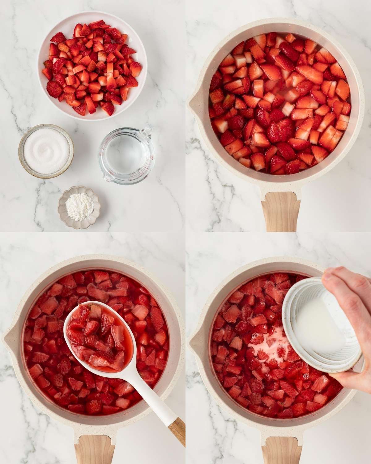 four image collage of making strawberry syrup. top left: ingredients. top right: strawberries in pot before cooking. bottom left: after cooking to show texture. bottom right: adding corn starch to thicken.
