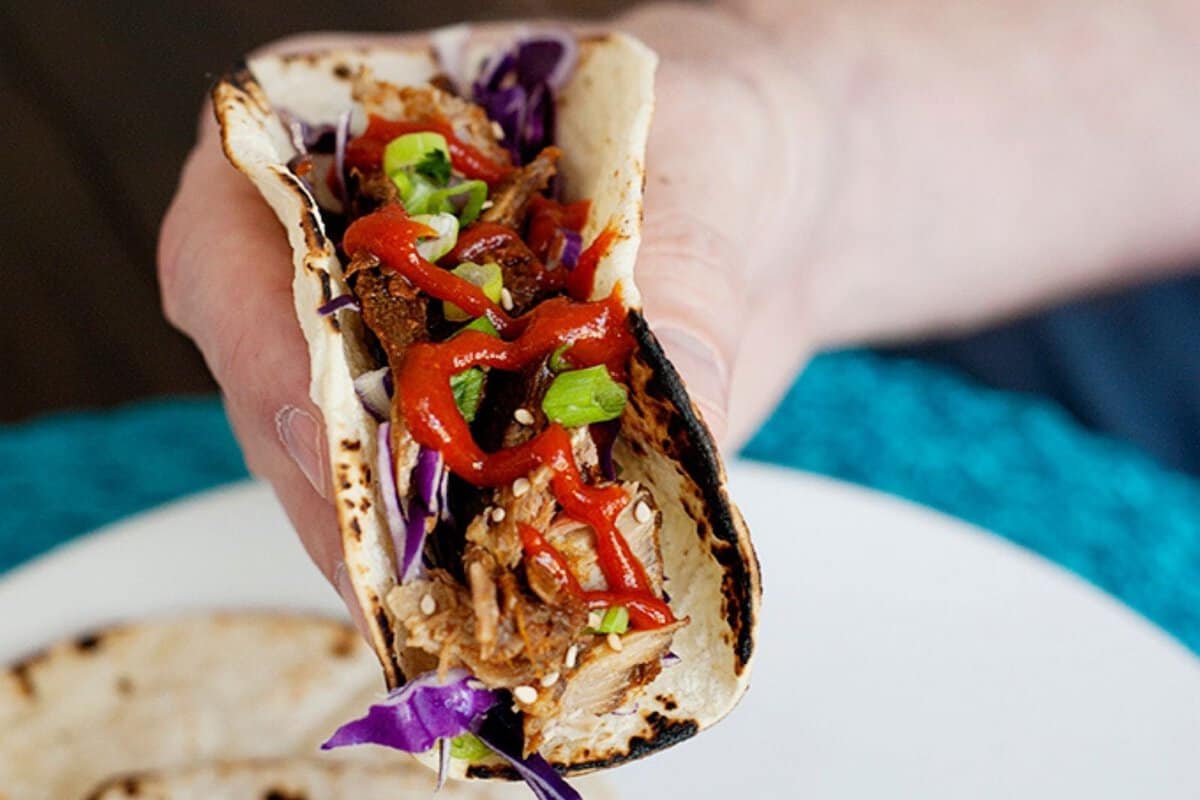 a person holding an Asian pork rib taco