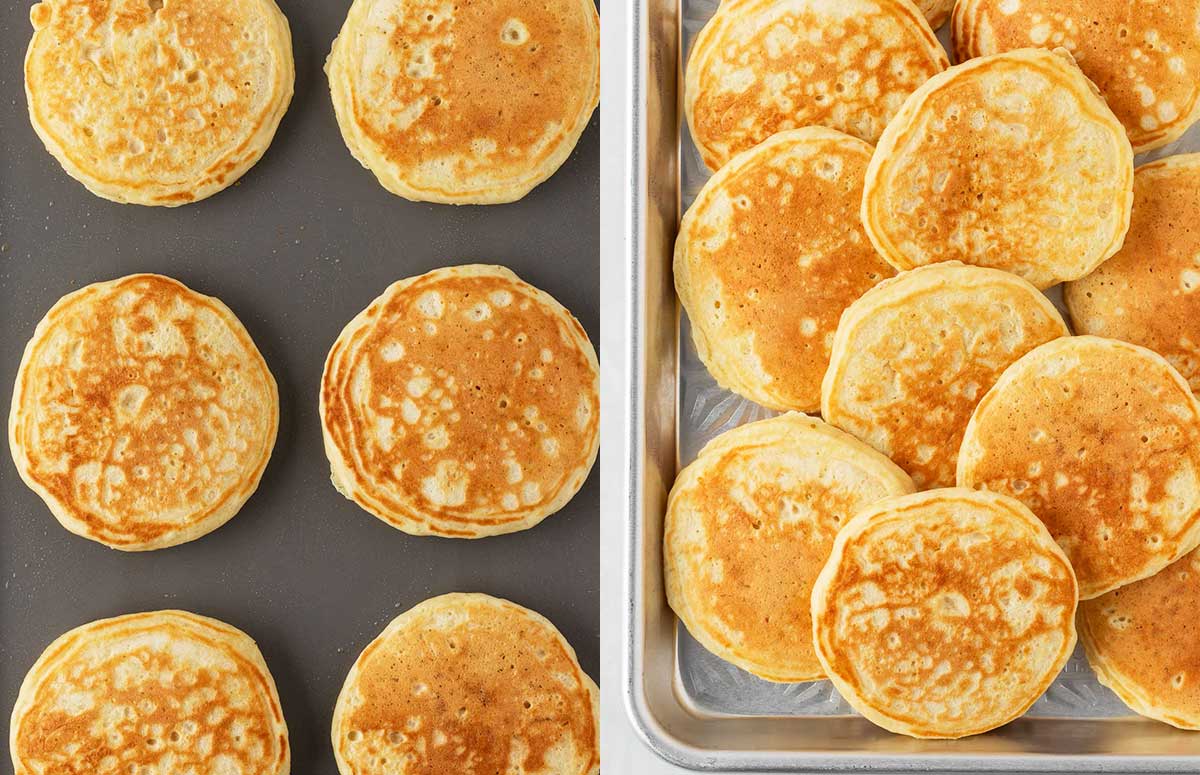 side by side image of homemade pancakes cooking on a griddle on left, and a batch of those same fluffy pancakes on top of a sheet pan on the right