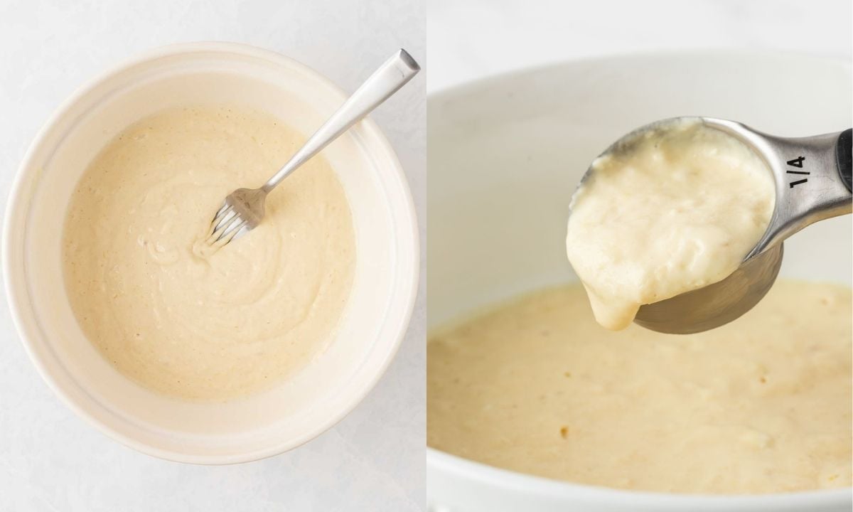 to image side by side of homemade pancake batter in a bowl (on left) and in a scoop to show how thick the pancake batter texture should be