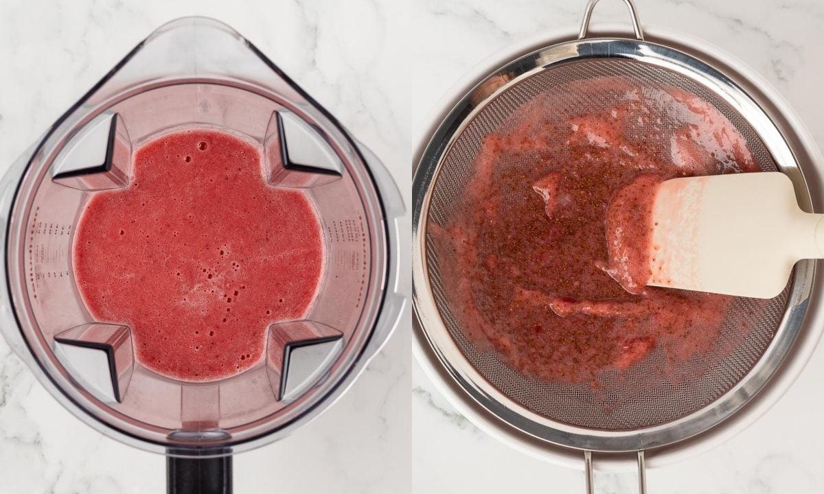 side by side image of strawberry syrup in a blender to make it smooth on the left and on the right, filtering the syrup through a colander to remove the strawberry seeds and make it smooth