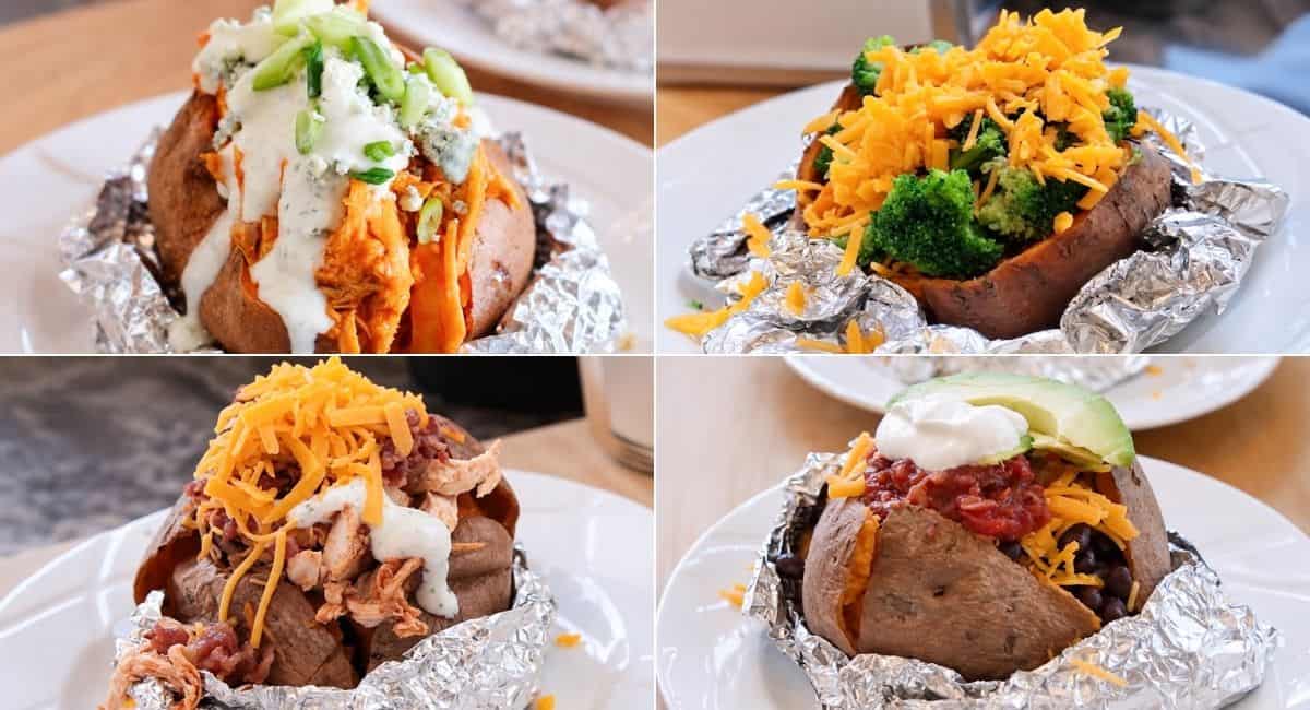 collage image with four baked sweet potatoes loaded with different toppings