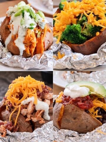 collage image with four baked sweet potatoes loaded with different toppings