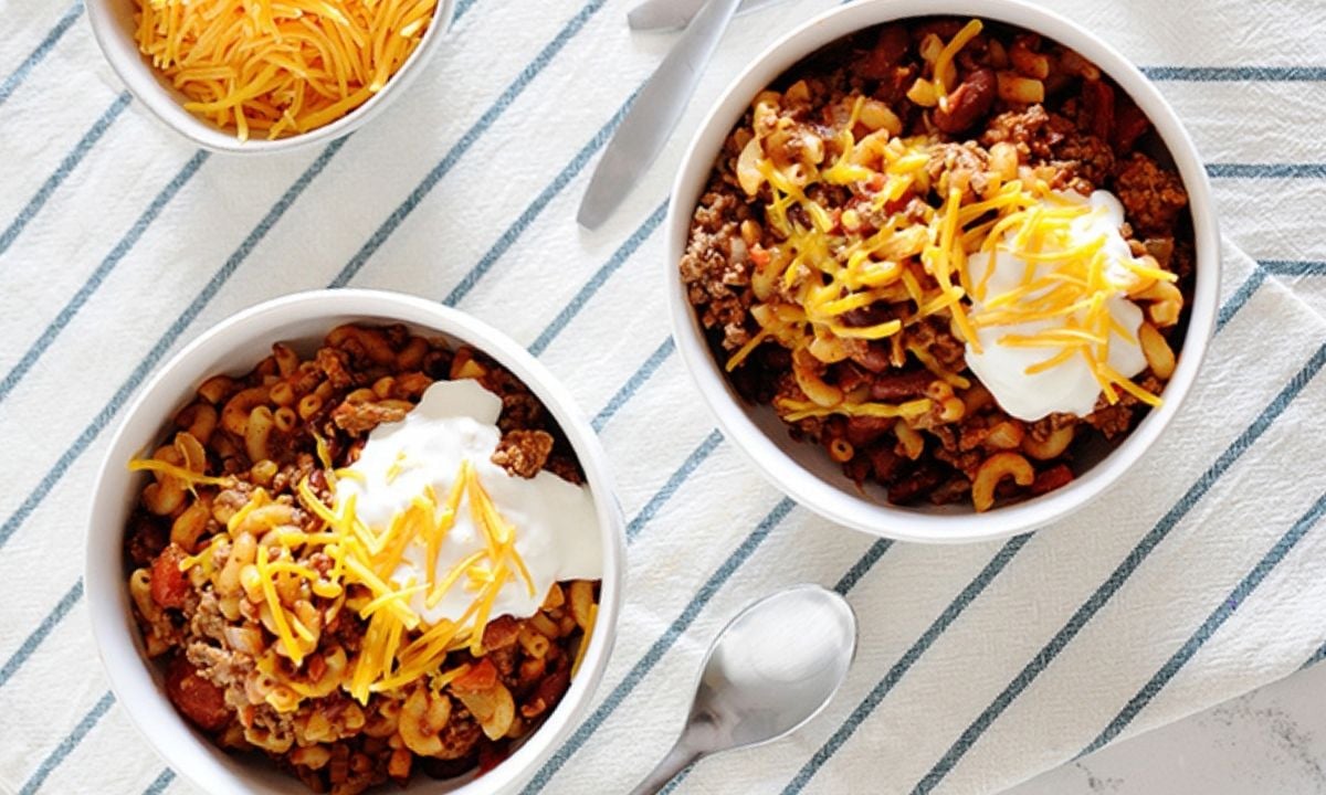 top view of two bowls of chili mac