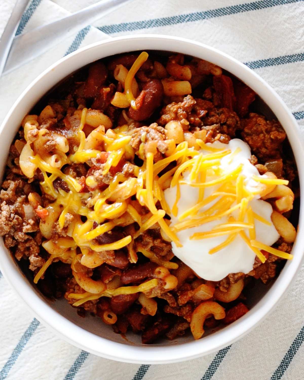 top view of a bowl of chili