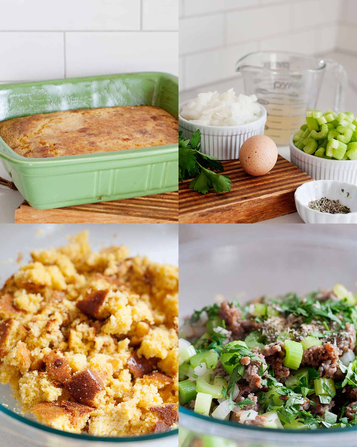 recipe collage for making cornbread dressing with sausage. top left is cooked cornbread in a baking dish. top right are the ingredients needed for this recipe, bottom left is the crumbled cornbread in a bowl and bottom right is the cooked sausage and herbs in a bowl