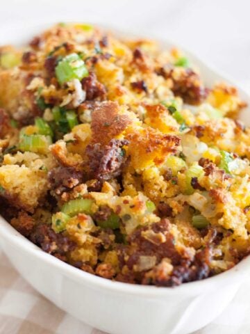 large dish of cornbread stuffing