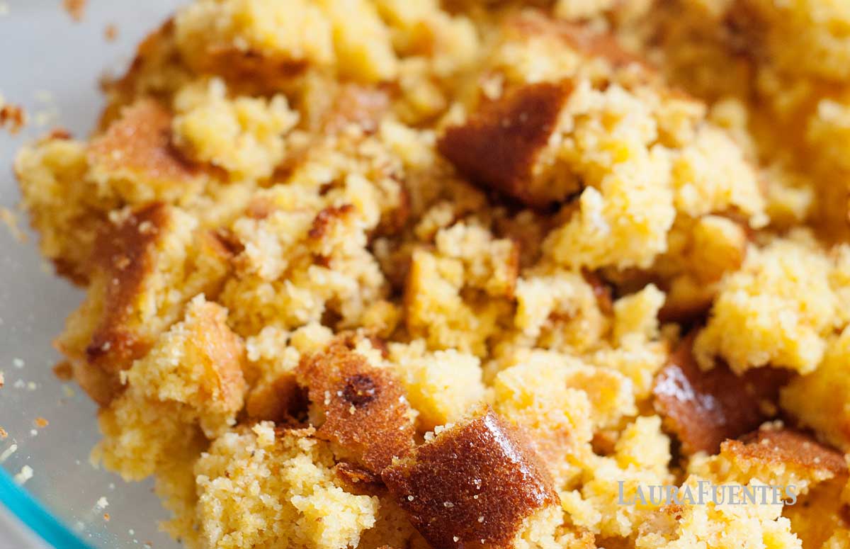 large dish of freshly baked cornbread stuffing