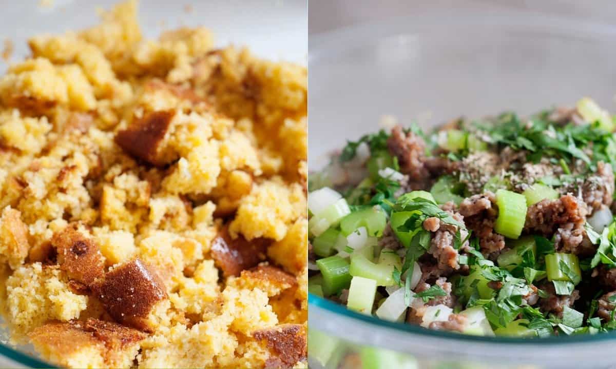 on left: overhead view of toasted cornbread in a bowl. on the right, a bowl with cooked sausage, herbs, and veggies.