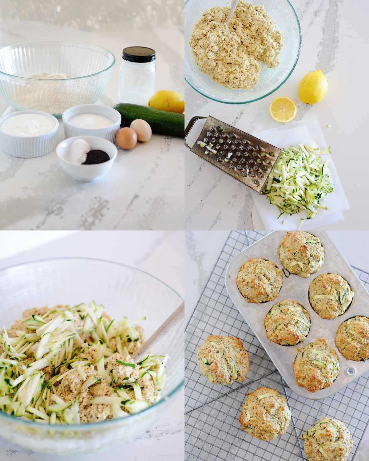 Top left: ingredients for lemon zucchini poppy seed muffins including flour, yogurt, eggs, zucchini, and lemon. Top right: grated zucchini with lemon and batter in a bowl. Bottom left: zucchini being mixed into muffin batter. Bottom right: baked muffins in a pan and cooling on a wire rack.