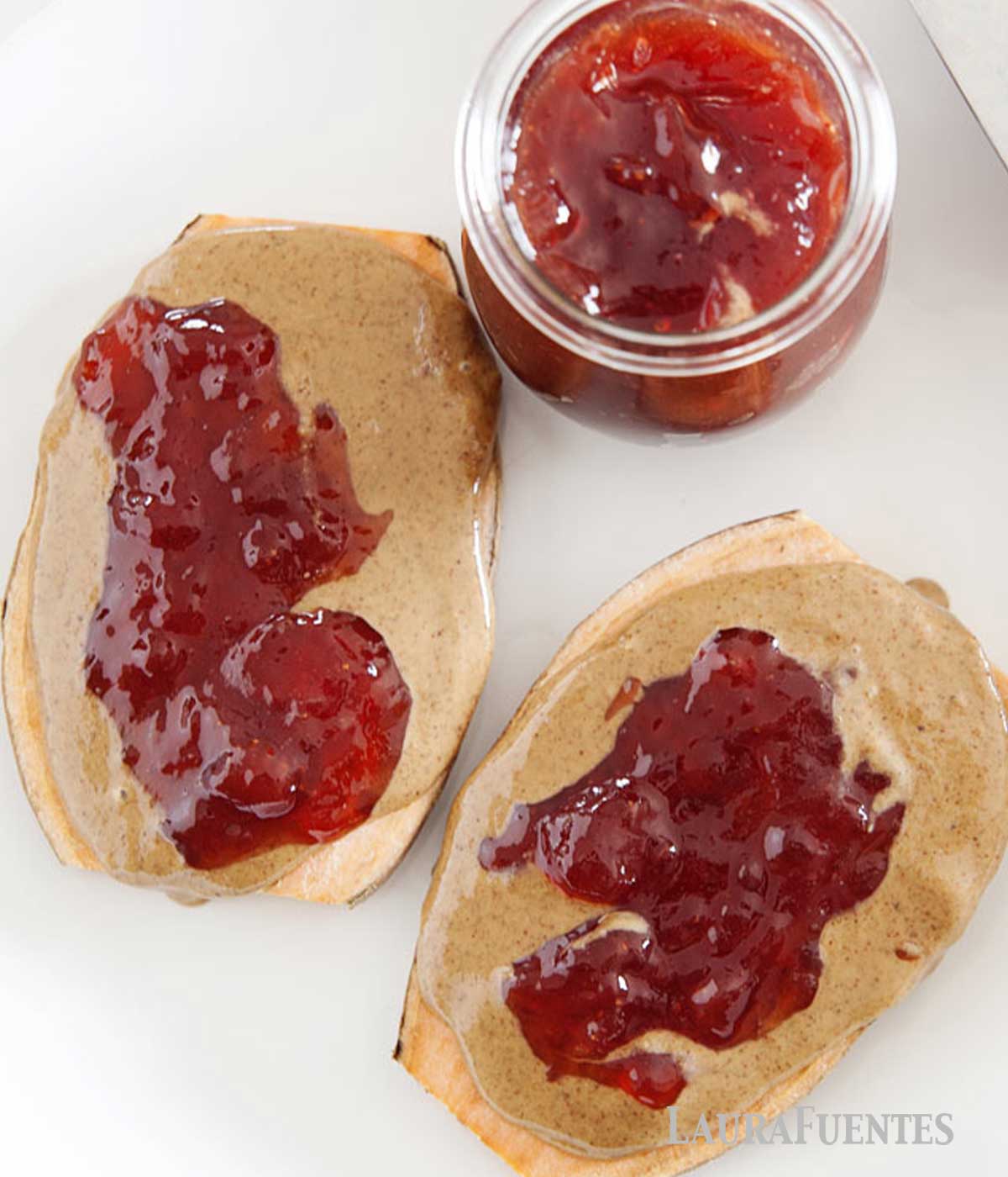 image: full slice of sweet potato toast with peanut butter and jelly 