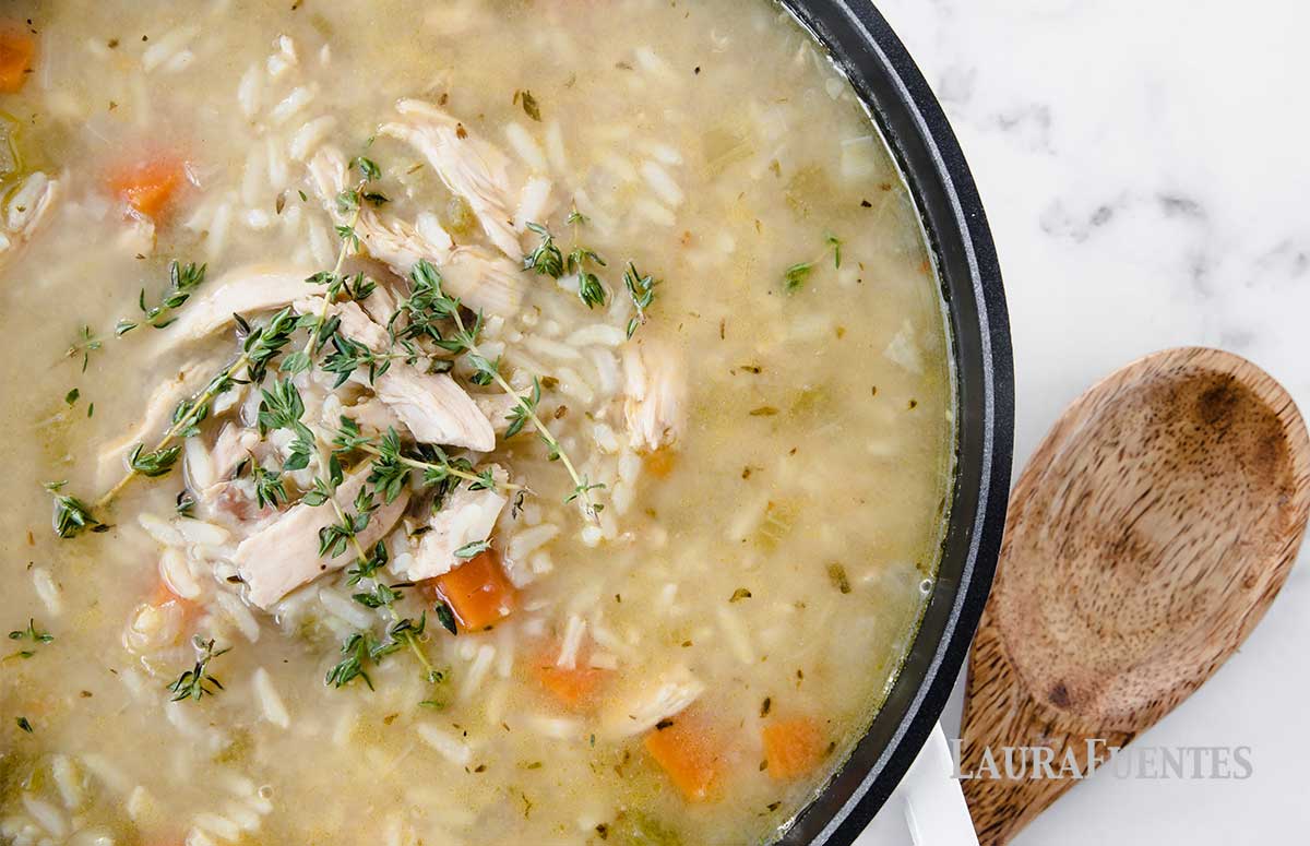 large pot of chicken and rice soup