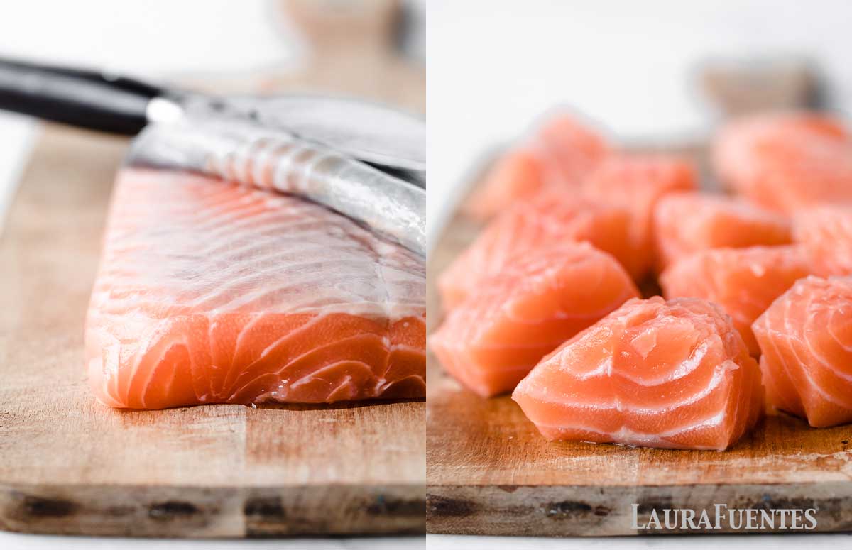 on the left, a salmon fillet. On the right, raw salmon cut into pieces